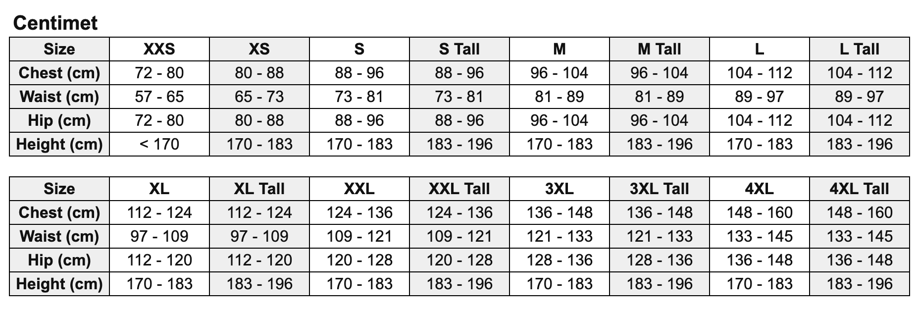 Size Guide Cm